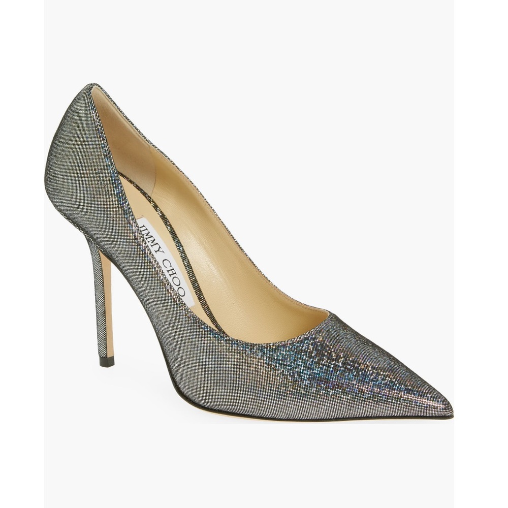 Jimmy Choo Silver Stiletto Heels Love Disco Glitter Pointed Toe Pump 37.5